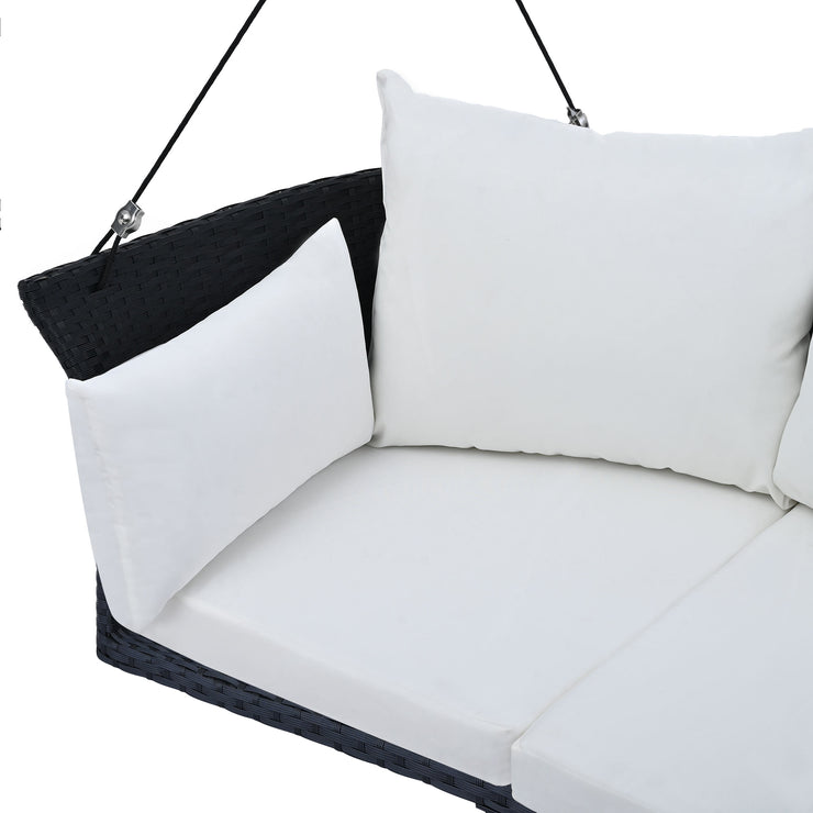 GO 51.9" 2-Person Hanging Seat, Rattan Woven Swing Chair, Porch Swing With Ropes, Black Wicker And White Cushion Hallohomie