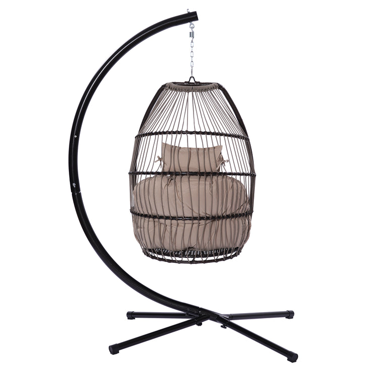 Outdoor Patio Wicker Folding Hanging Chair,Rattan Swing Hammock Egg Chair With C Type Bracket , With Cushion And Pillow Hallohomie